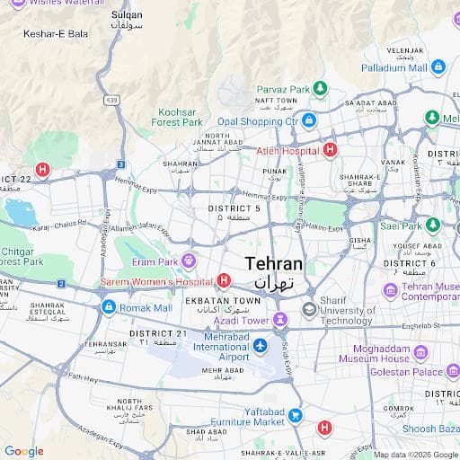 Street map showing Kourosh Mall in Tehran